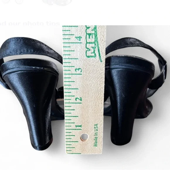 AMERICAN EAGLE Black Satin Heeled Sandals With Ankle Strap 6 1/2 Good Condition - Picture 6 of 8